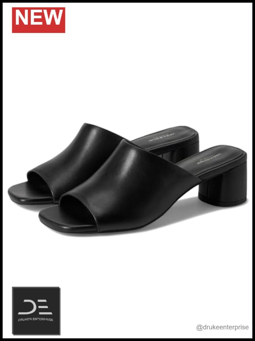 Leather Block Heel Mule Sandals Slip On Open Toe